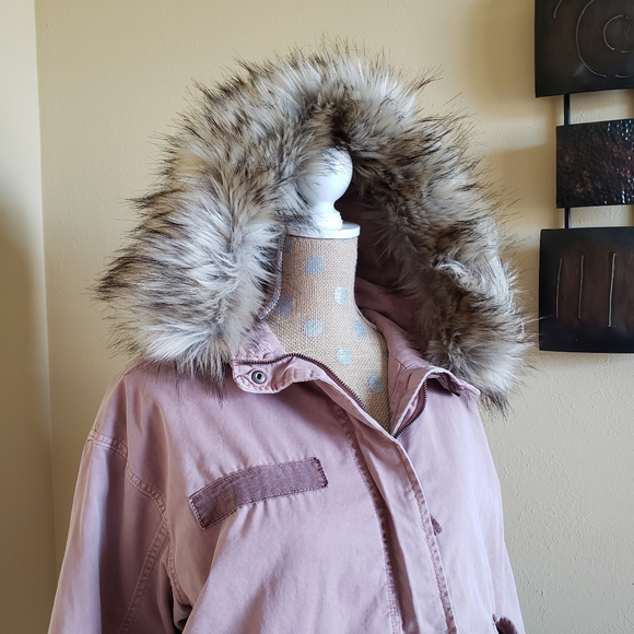 American Eagle military style parka faux fur hood mauve dusty rose medium crop - Picture 8 of 14